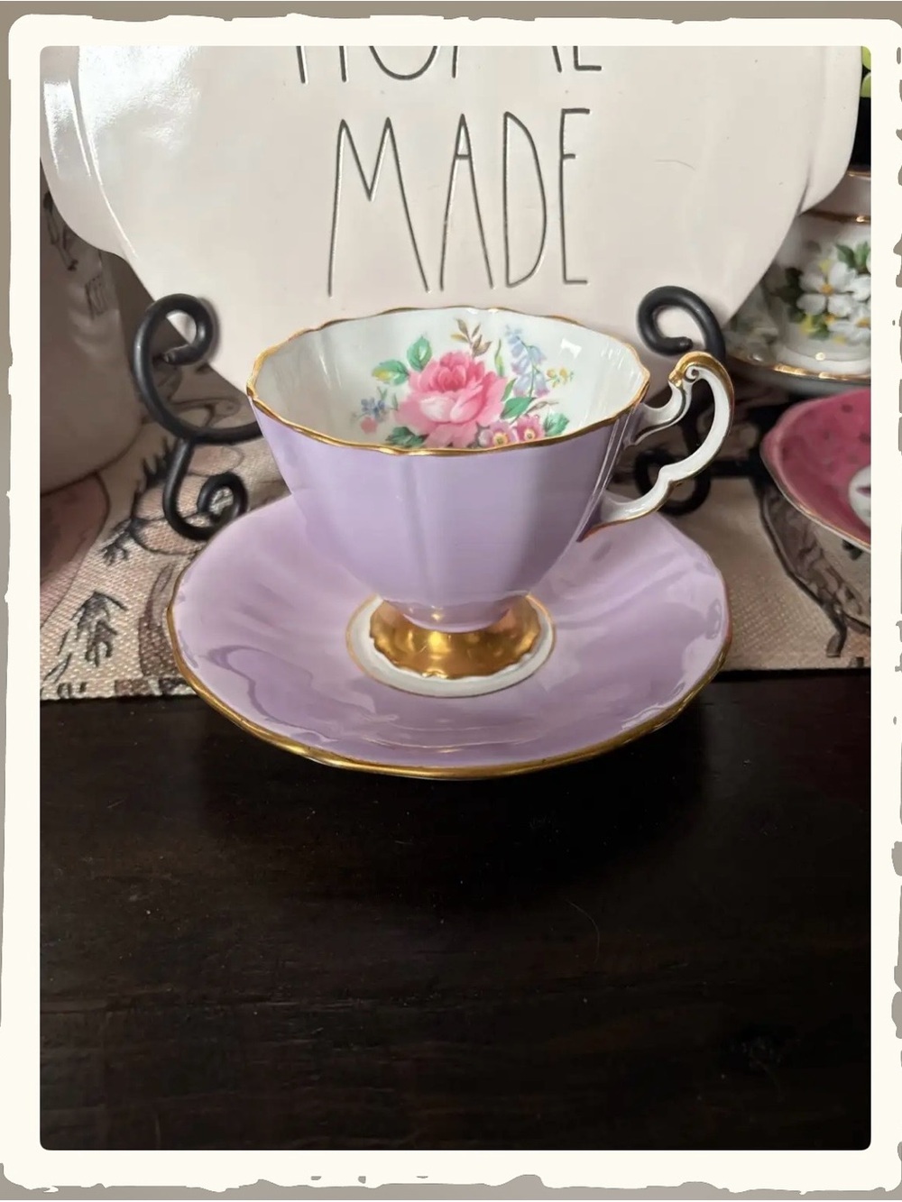 Vintage Lilac Teacup and Saucer with Floral interior and Gold trim